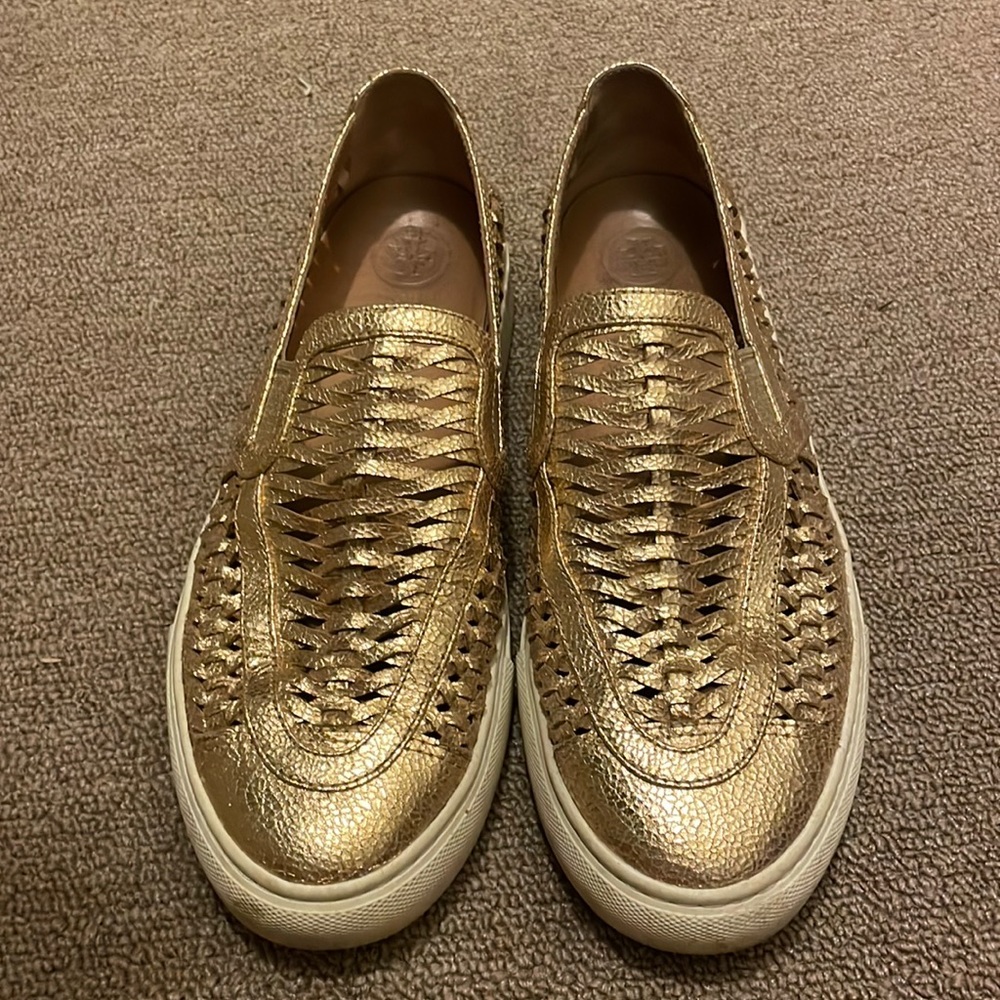 Tory Burch Metallic Gold Woven Leather Slip-On Loafers